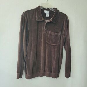 Irvine Park Vintage Shirt Men M Brown Terry‎ Velour Long Sleeve Pocket Polo Flaw